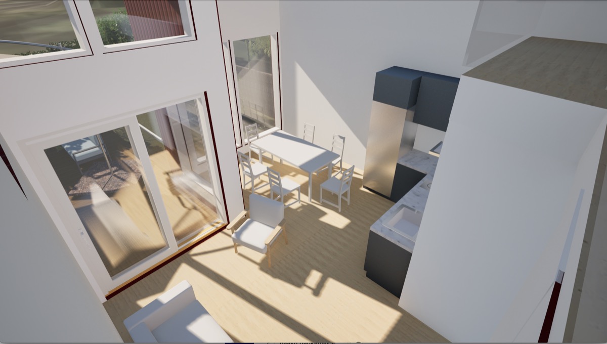 Siirtolapuutarhamökki sisätila ruokailualue